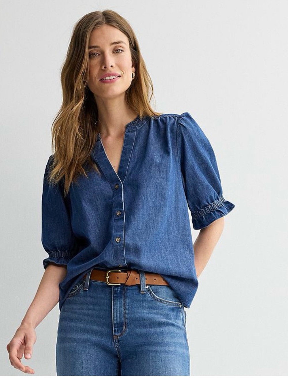 NWT Sonoma Goods For Life Puff Sleeve Button Front Denim Top S